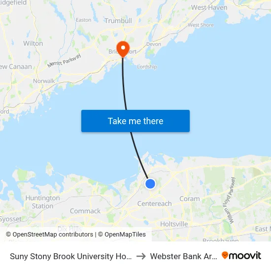 Suny Stony Brook University Hospital to Webster Bank Arena map