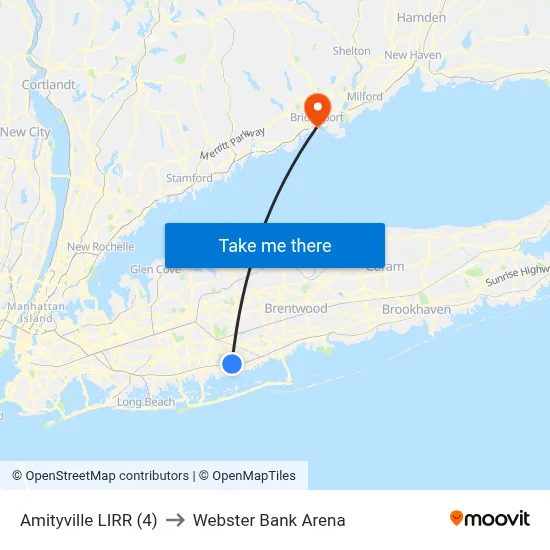 Amityville LIRR (4) to Webster Bank Arena map