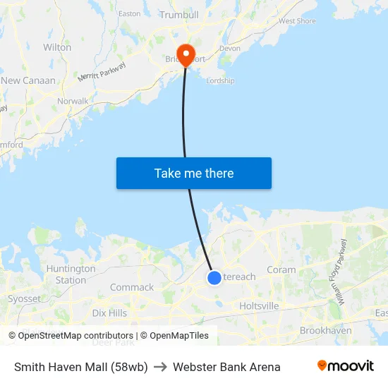 Smith Haven Mall (58wb) to Webster Bank Arena map
