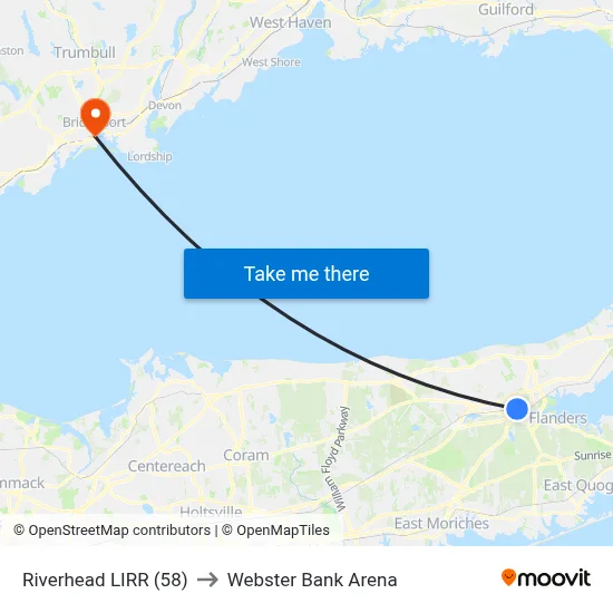Riverhead LIRR (58) to Webster Bank Arena map