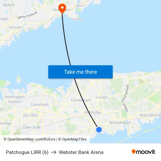 Patchogue LIRR (6) to Webster Bank Arena map