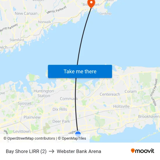Bay Shore LIRR (2) to Webster Bank Arena map