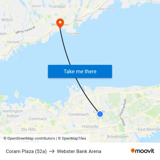Coram Plaza (52a) to Webster Bank Arena map