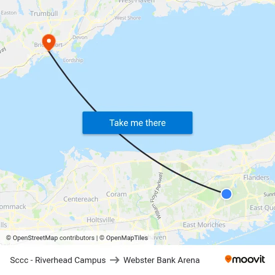 Sccc - Riverhead Campus to Webster Bank Arena map
