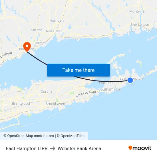 East Hampton LIRR to Webster Bank Arena map