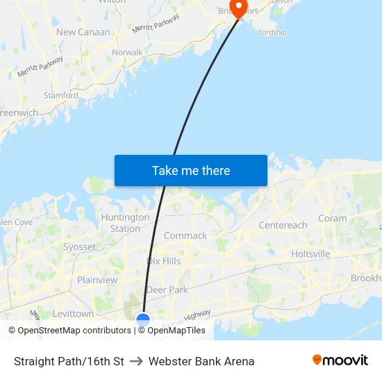 Straight Path/16th St to Webster Bank Arena map