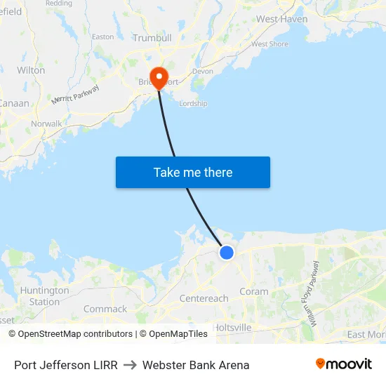 Port Jefferson LIRR to Webster Bank Arena map