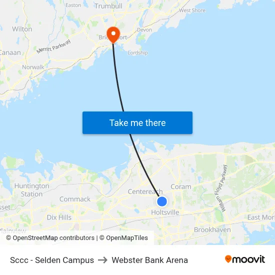 Sccc - Selden Campus to Webster Bank Arena map