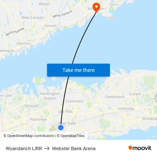 Wyandanch LIRR to Webster Bank Arena map