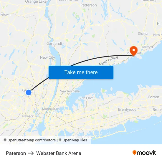 Paterson to Webster Bank Arena map