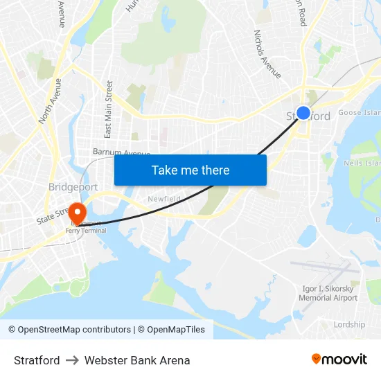 Stratford to Webster Bank Arena map
