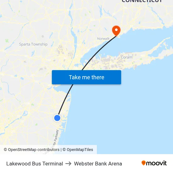 Lakewood Bus Terminal to Webster Bank Arena map