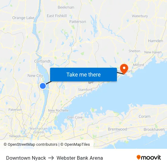 Downtown Nyack to Webster Bank Arena map