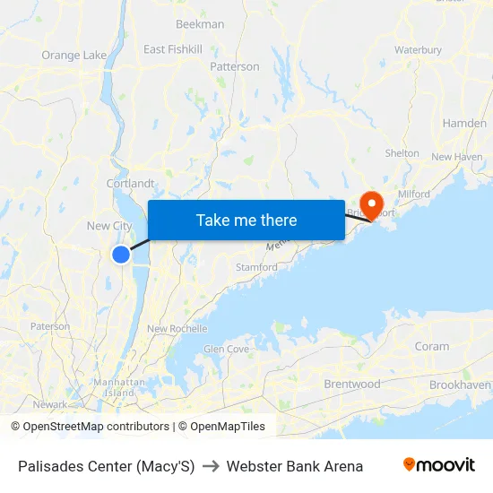 Palisades Center (Macy'S) to Webster Bank Arena map