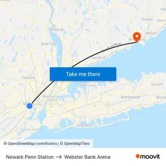 Newark Penn Station to Webster Bank Arena map