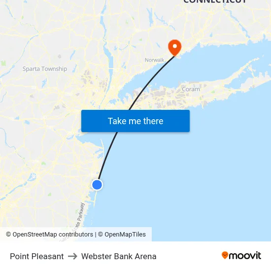 Point Pleasant to Webster Bank Arena map