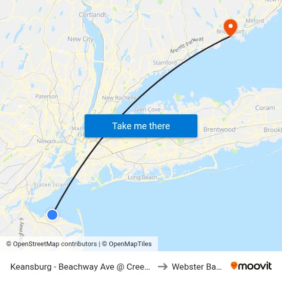 Keansburg -  Beachway Ave @ Creek Rd (Northbound) to Webster Bank Arena map