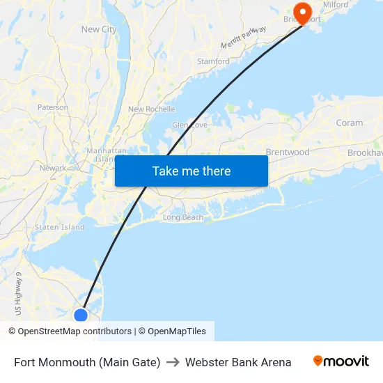 Fort Monmouth (Main Gate) to Webster Bank Arena map