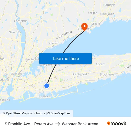S Franklin Ave + Peters Ave to Webster Bank Arena map