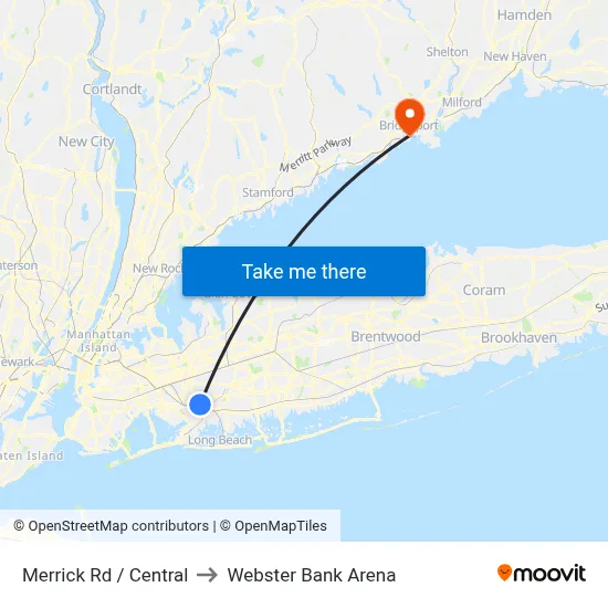 Merrick Rd / Central to Webster Bank Arena map