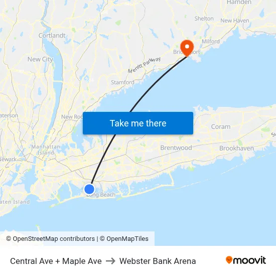 Central Ave + Maple Ave to Webster Bank Arena map