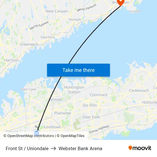Front St / Uniondale to Webster Bank Arena map