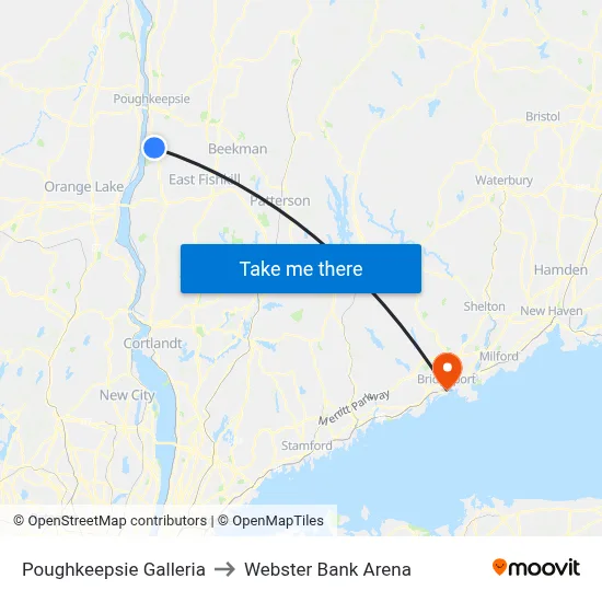 Poughkeepsie Galleria to Webster Bank Arena map