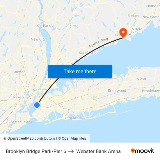Brooklyn Bridge Park/Pier 6 to Webster Bank Arena map