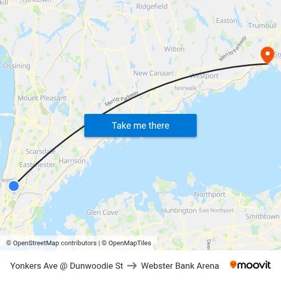 Yonkers Ave @ Dunwoodie St to Webster Bank Arena map