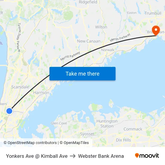 Yonkers Ave @ Kimball Ave to Webster Bank Arena map