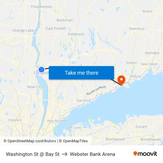 Washington St @ Bay St to Webster Bank Arena map