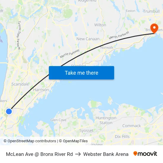 McLean Ave @ Bronx River Rd to Webster Bank Arena map