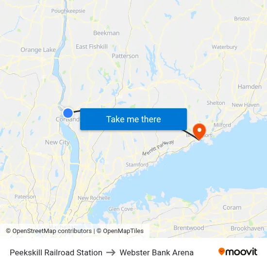 Peekskill Railroad Station to Webster Bank Arena map