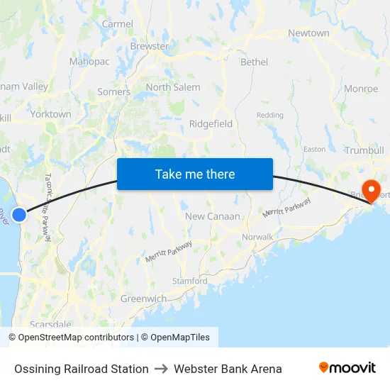 Ossining Railroad Station to Webster Bank Arena map