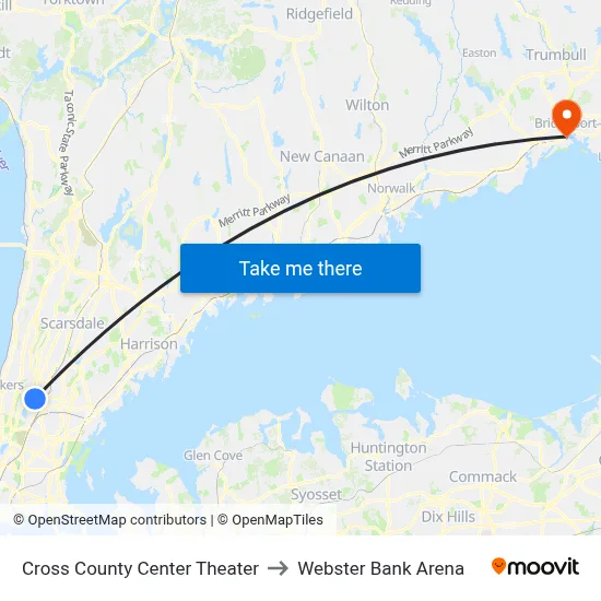 Cross County Center Theater to Webster Bank Arena map