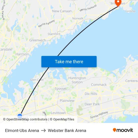 Elmont-Ubs Arena to Webster Bank Arena map