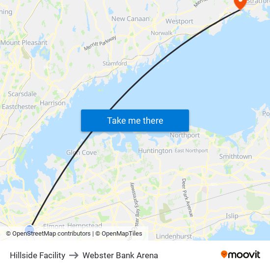 Hillside Facility to Webster Bank Arena map