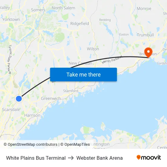 White Plains Bus Terminal to Webster Bank Arena map
