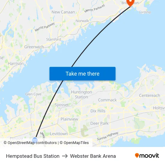 Hempstead Bus Station to Webster Bank Arena map