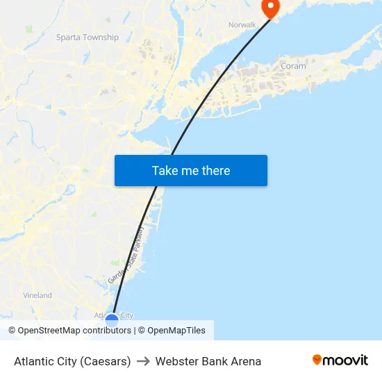 Atlantic City (Caesars) to Webster Bank Arena map