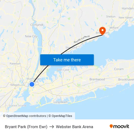 Bryant Park (From Ewr) to Webster Bank Arena map