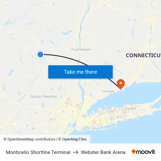 Monticello Shortline Terminal to Webster Bank Arena map