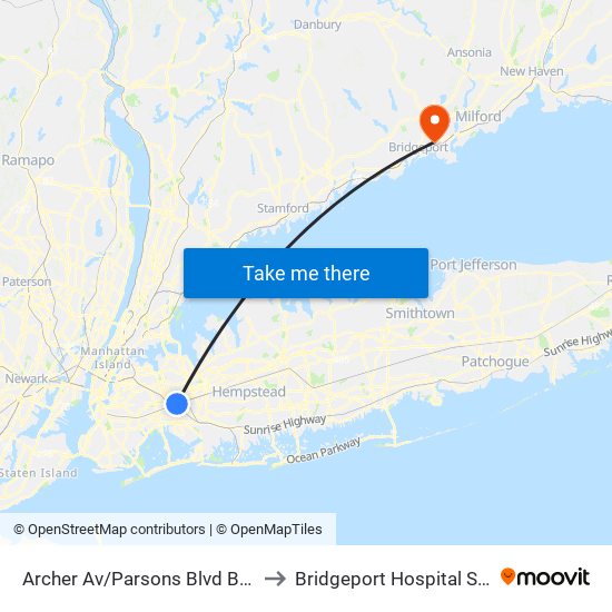 Archer Av/Parsons Blvd Bay D to Bridgeport Hospital SICU map