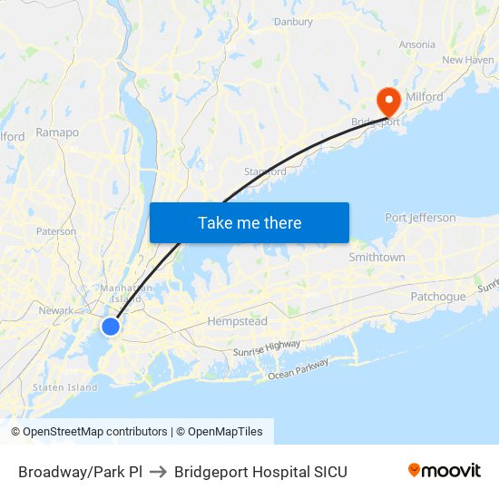 Broadway/Park Pl to Bridgeport Hospital SICU map