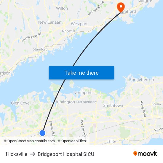 Hicksville to Bridgeport Hospital SICU map