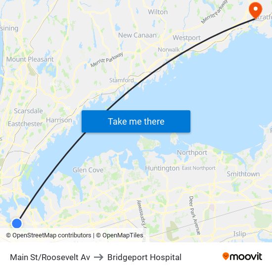 Main St/Roosevelt Av to Bridgeport Hospital map