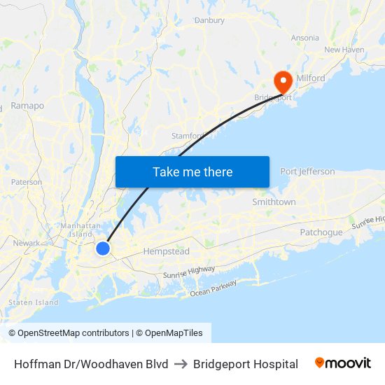 Hoffman Dr/Woodhaven Blvd to Bridgeport Hospital map