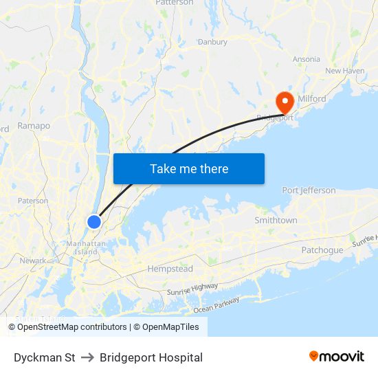 Dyckman St to Bridgeport Hospital map