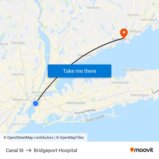 Canal St to Bridgeport Hospital map