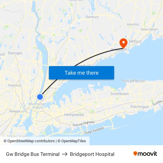 Gw Bridge Bus Terminal to Bridgeport Hospital map